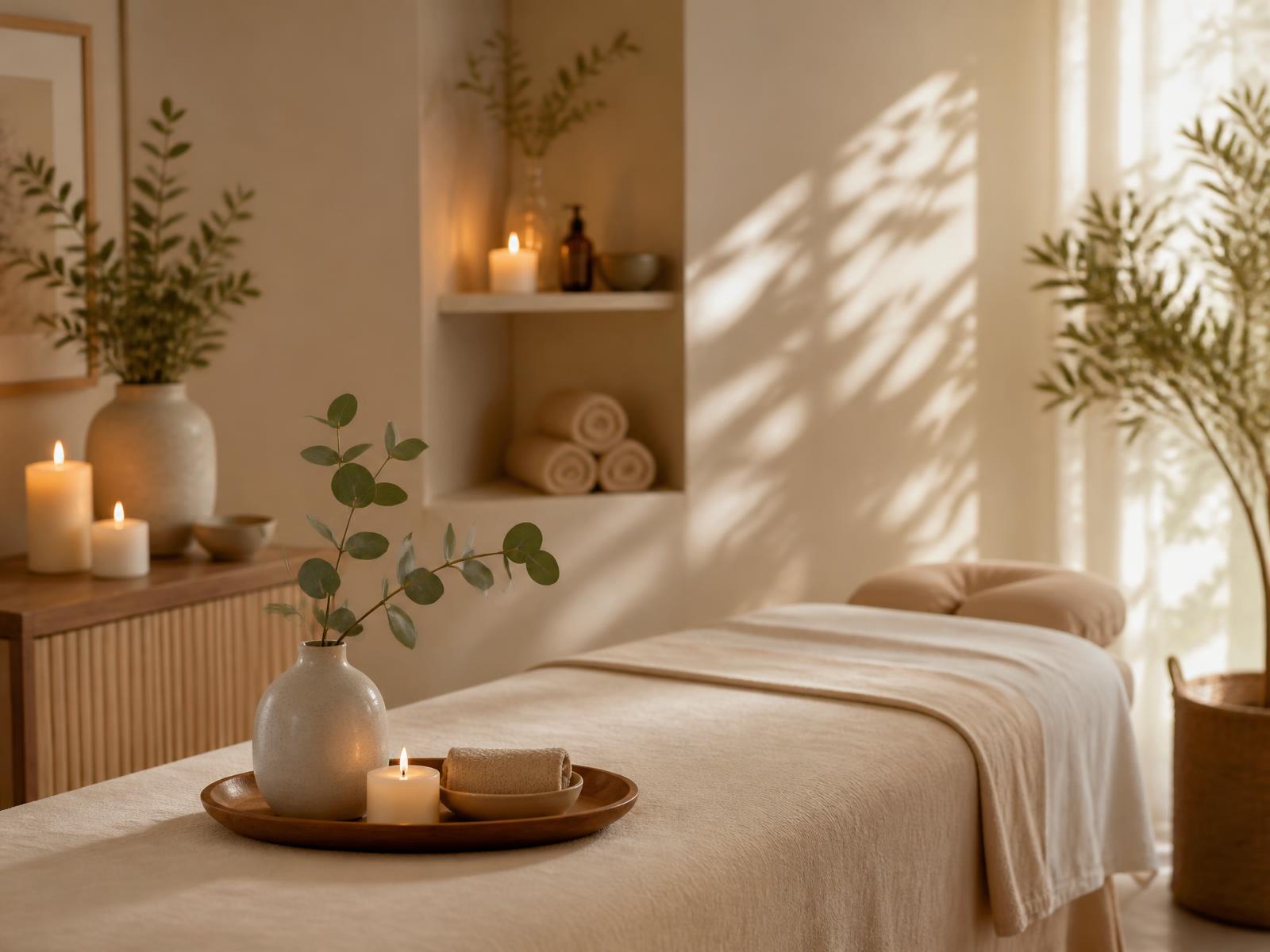 Warm massage room with candles and eucalyptus