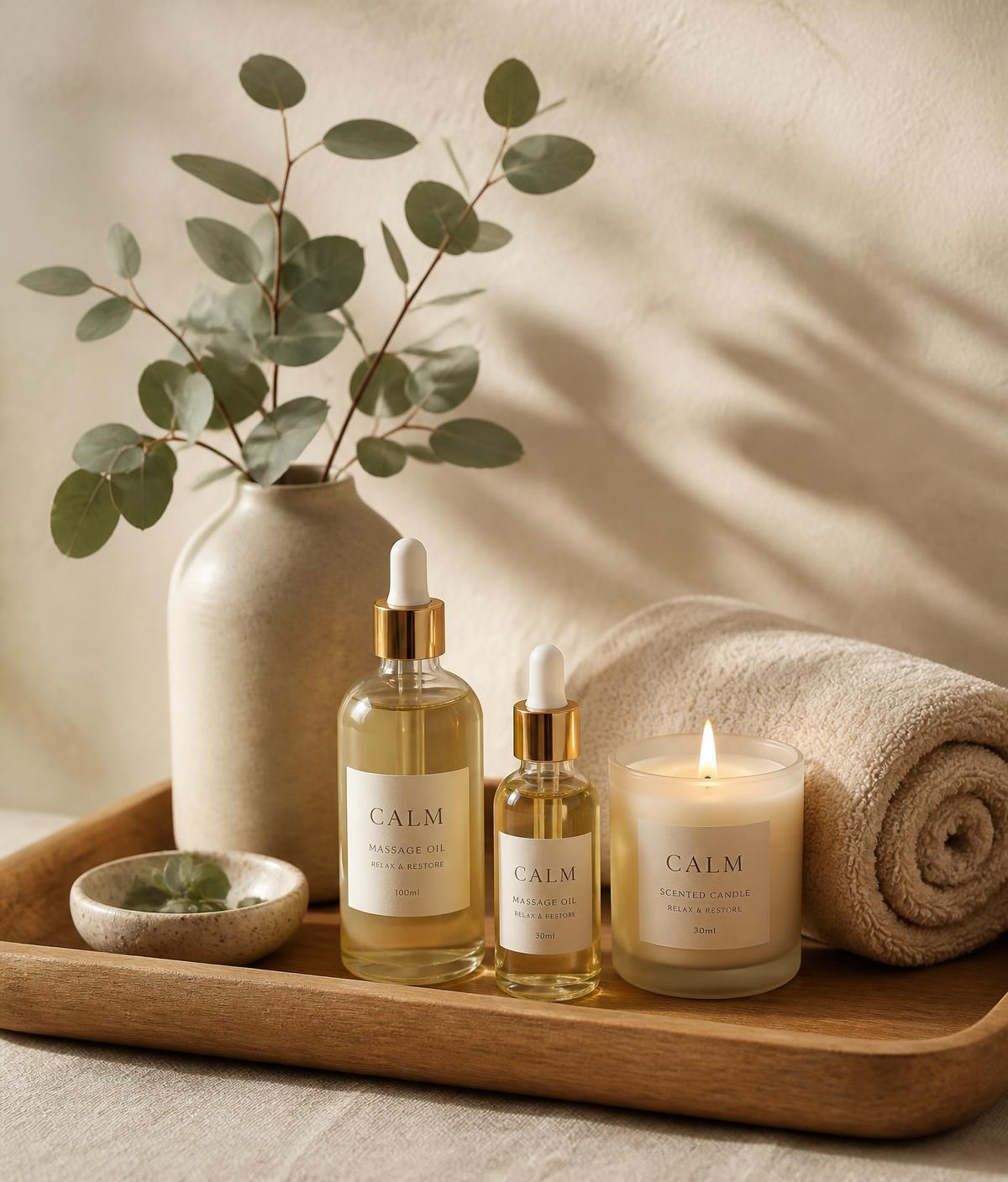 Massage oils, candle and towel on a wooden tray